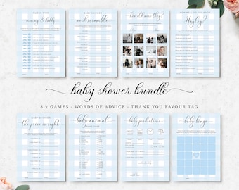 Paquete de juegos imprimibles para baby shower, baby shower de niño con estampado de cuadros azules, paquete de juegos para baby shower con temática de barbacoa, juegos imprimibles para baby shower