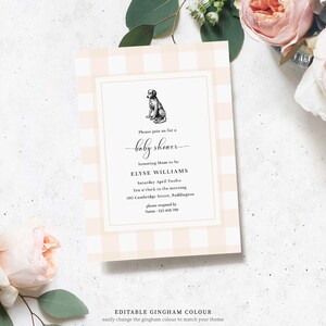 May include: Pink and white gingham baby shower invitation with a black and white illustration of a dog. The invitation reads "Please join us for a baby shower honoring Mom-to-be Elyse Williams Saturday April Twelve Ten o'clock in the morning 160 Cambridge Street, Paddington please respond by Name - 123 456 789".