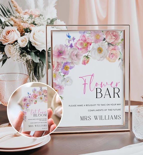 Floral Flower Bar Sign, Bridal Shower, Wildflower Favor Tag (Printable), Eloise