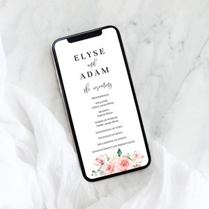Può includere: Un programma per una cerimonia di matrimonio con i nomi Elyse e Adam e l'ordine degli eventi. Il programma è decorato con illustrazioni floreali rosa e verdi.