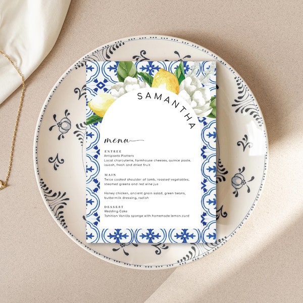 Modèle d’arche de menu modifiable en tuile bleue méditerranéenne, menu de dîner de mariage imprimable sur le thème des citrons italiens, menu de douche nuptiale, The Med