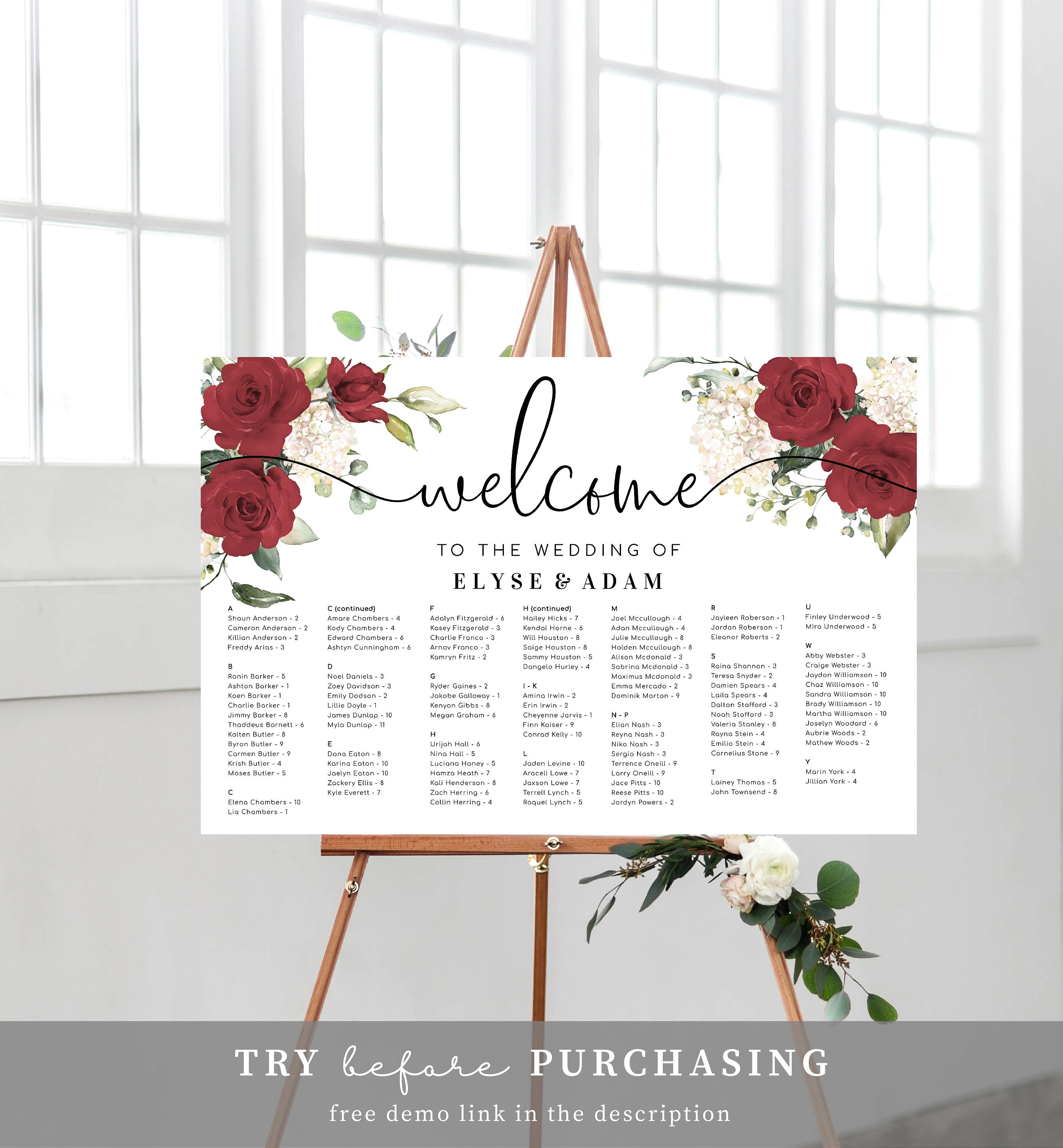 Alphabetical Seating Chart Sign Red Rose Floral Wedding Table pic