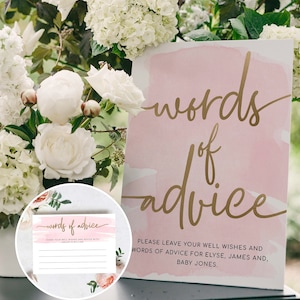 Words of Advice Zeichen und Karte, Rosa Aquarell, Babyparty neue Eltern Rat Karten, druckbare Brautparty Jungvermählten Rat Spiel