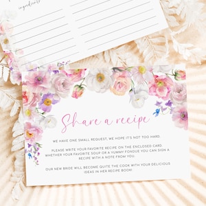 Afdrukbare kaart met receptverzoek, wilde bloemen vrijgezellenfeestje, breng een receptenkaart mee, bijsluitkaart keukenthee, Eloise