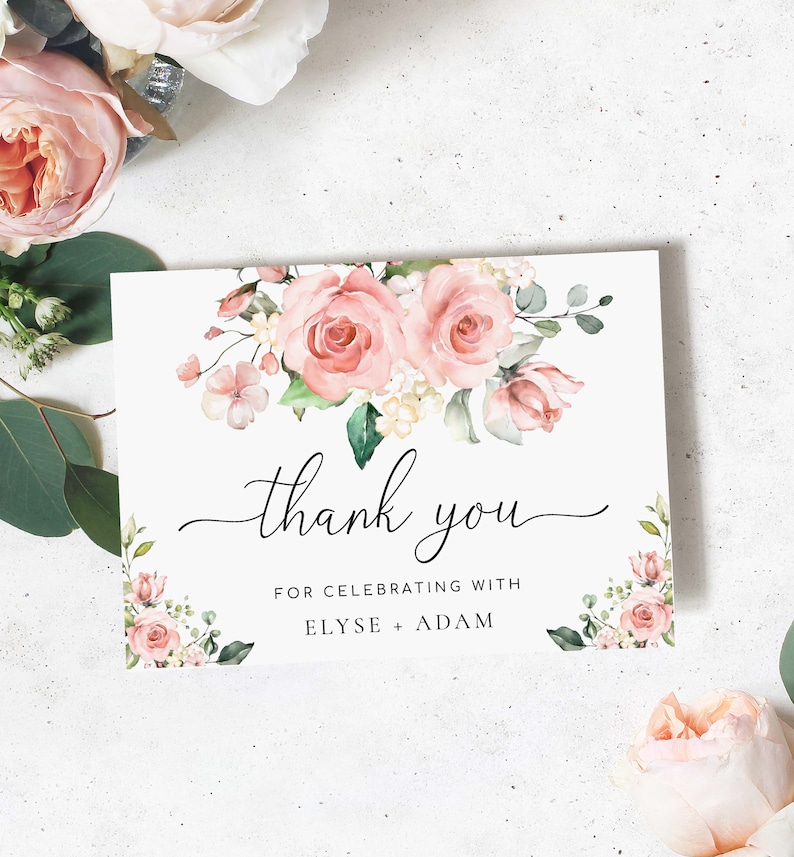 Blush Floral Thank You Card Printable Template, Darcy Pink - Etsy