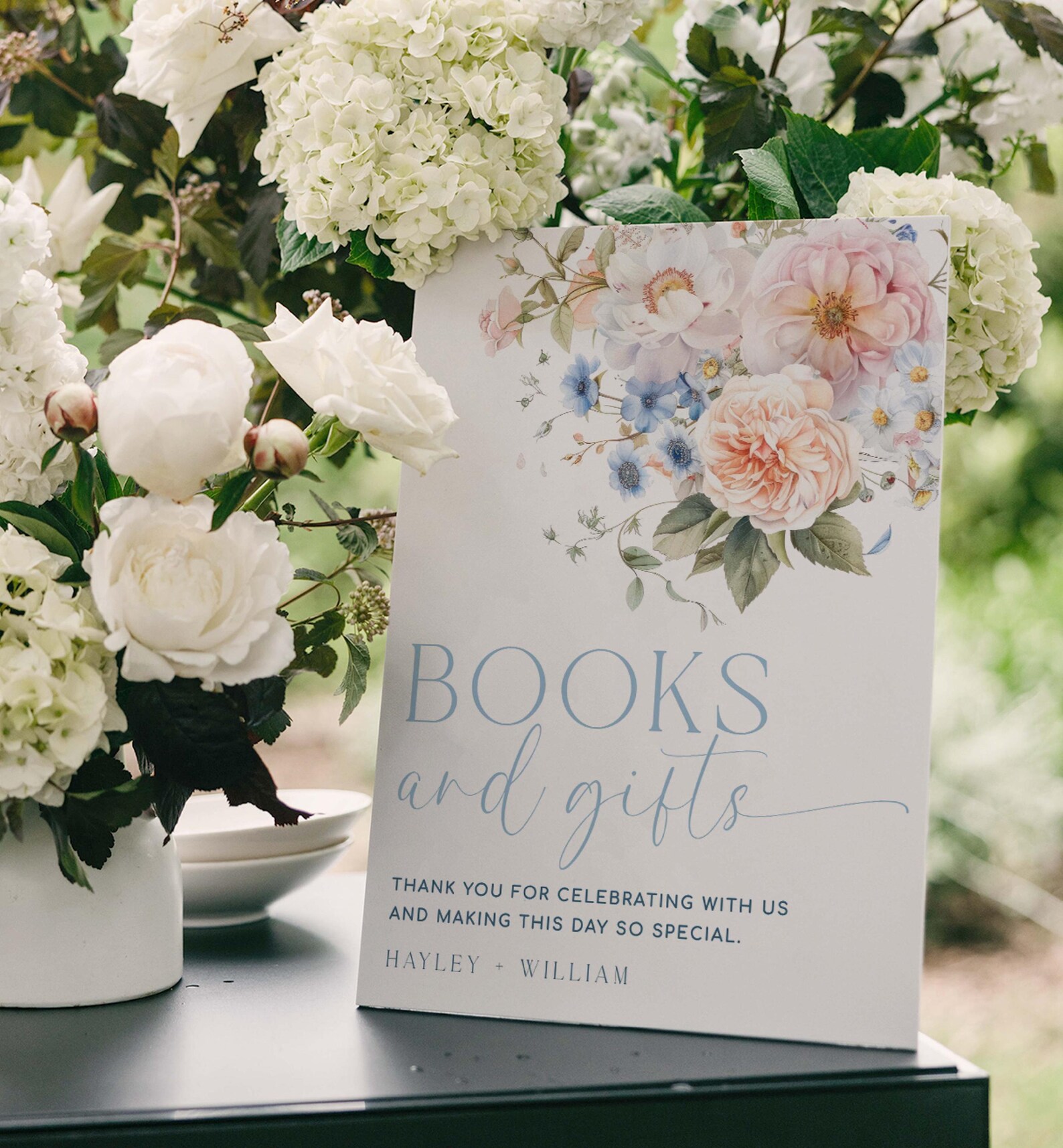 Dusty Blue Floral Books and Gifts Sign, Baby Shower Template (digital ...