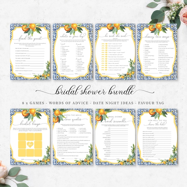 Positano Blue Tile Oranges Bridal Shower Games - Printable Hen's Party Games - Bachelorette Party - Italian Almafi Coast Theme Bridal Shower