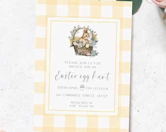 Yellow Gingham Easter Egg Hunt Invitation Template, Easter Lunch Invite, Easter Brunch Printable Invitation, Easter Bunny Basket Invitation