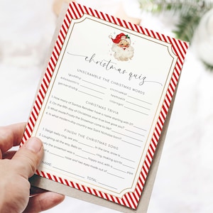 Printable Christmas Quiz Game, Editable  Christmas Trivia Quiz, Christmas Word Scramble, Christmas Dinner Activity, Lunch Menu, Stripe