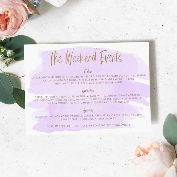 Weekend Itinerary, Purple Watercolour Bachelorette Weekend Itinerary, Wedding Weekend Itinerary, Hens Party Itinerary, Lilac Watercolor