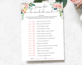 Guess Who? He Said She Said Bridal Shower Game - Printable Couples Shower Game - Blush Floral Hen's Party Editable Game - Afternoon