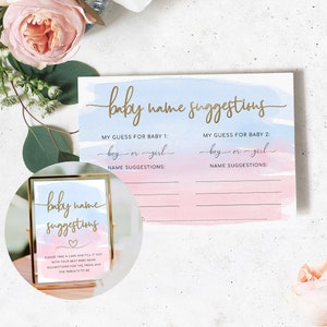 Zwillinge Baby Namen Vorschläge Karte und Schild, Rosa und Blau Aquarell, Printable Baby Name Ideen Spiel, Gender Reveal Baby Shower Spiel