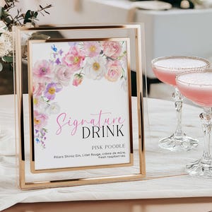 Enseigne de menu de boissons signature imprimable, carte de cocktails imprimable pour shower de mariage, fleurs sauvages roses, enseigne de menu de cocktails sans alcool pour baby shower, éloïse