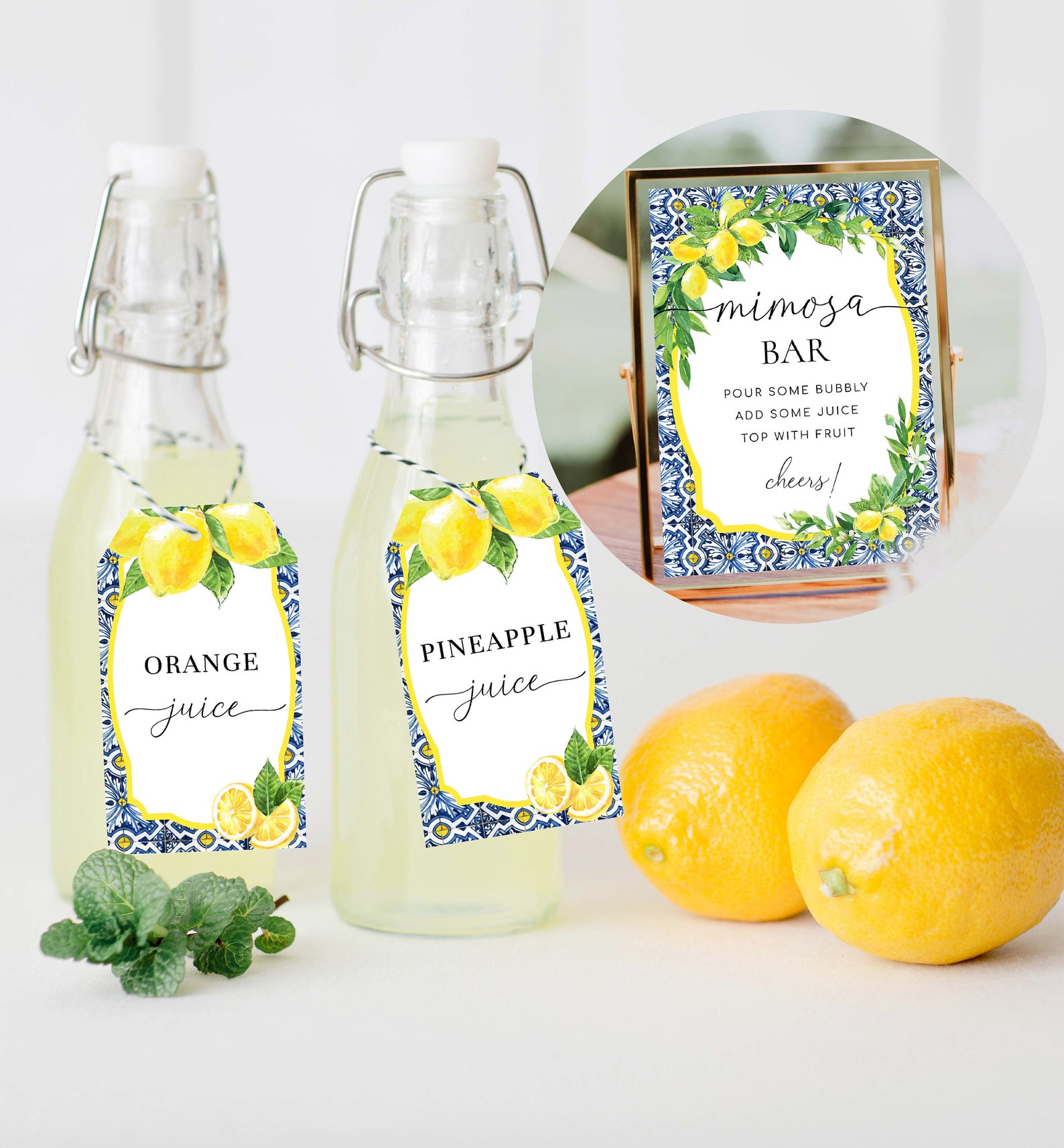 Printable Juice Tags and Mimosa Bar Sign, Positano Blue Tile Lemons ...
