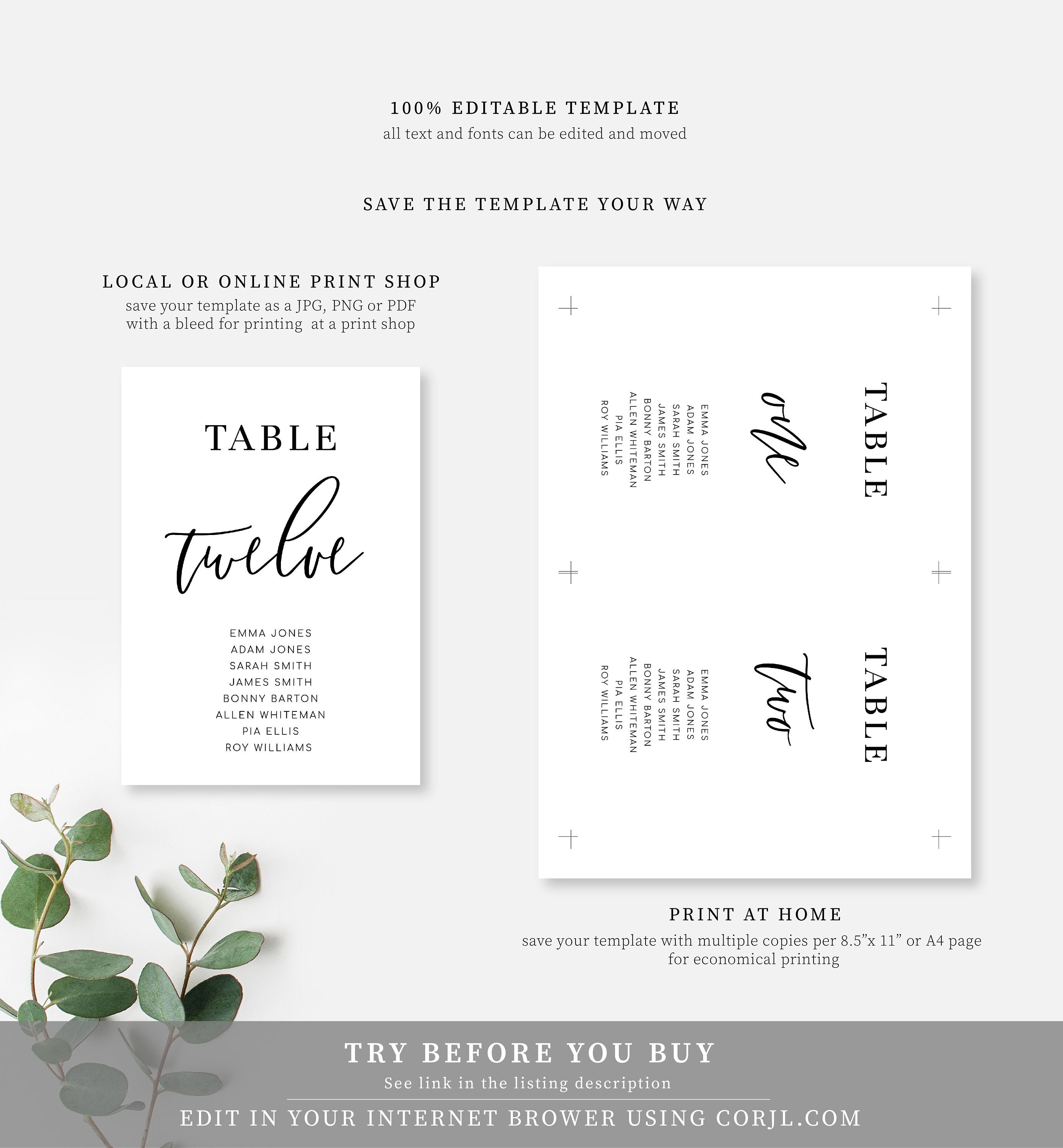 Table Name Guests Editable Table Numbers With Guest Names - Modern Minimalist Wedding ...