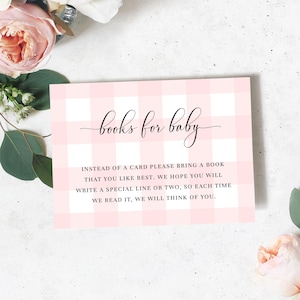 Rosa-weiß karierte Bücher für Babykarte - Buchanfragekarte - Mädchen-Babyparty-Details Karte bearbeitbare Vorlage - Picknick-Babyparty