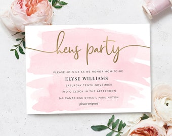 Hens Party Invitation - Bridal Shower Invitation - Gold Foil - Pink Watercolor - Printable Editable Hens Party Invitation