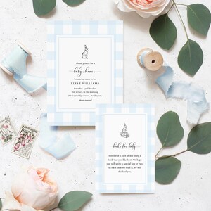 Blue Gingham Bunny Rabbit Boy Baby Shower Printable Invitation Suite - Books for Baby Card - Baby Boy Shower - Picnic Baby Shower