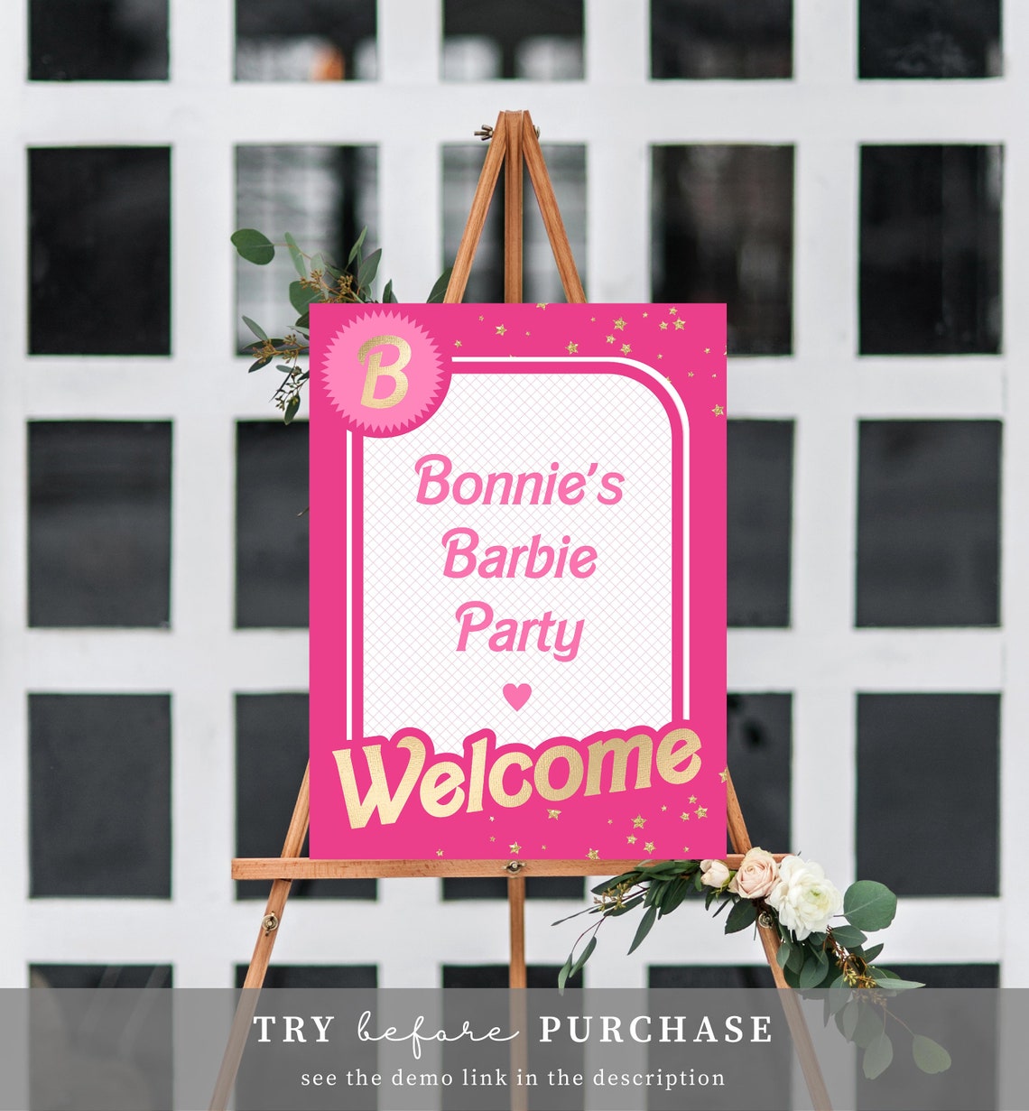 Barbie Party Welcome Sign Printable Editable Pink Gold | Etsy
