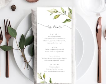 Plantilla de menú imprimible y editable con motivos vegetales - Menú de boda moderno y minimalista - Menú de boda DIY - Menú imprimible y editable - Darcy Greenery