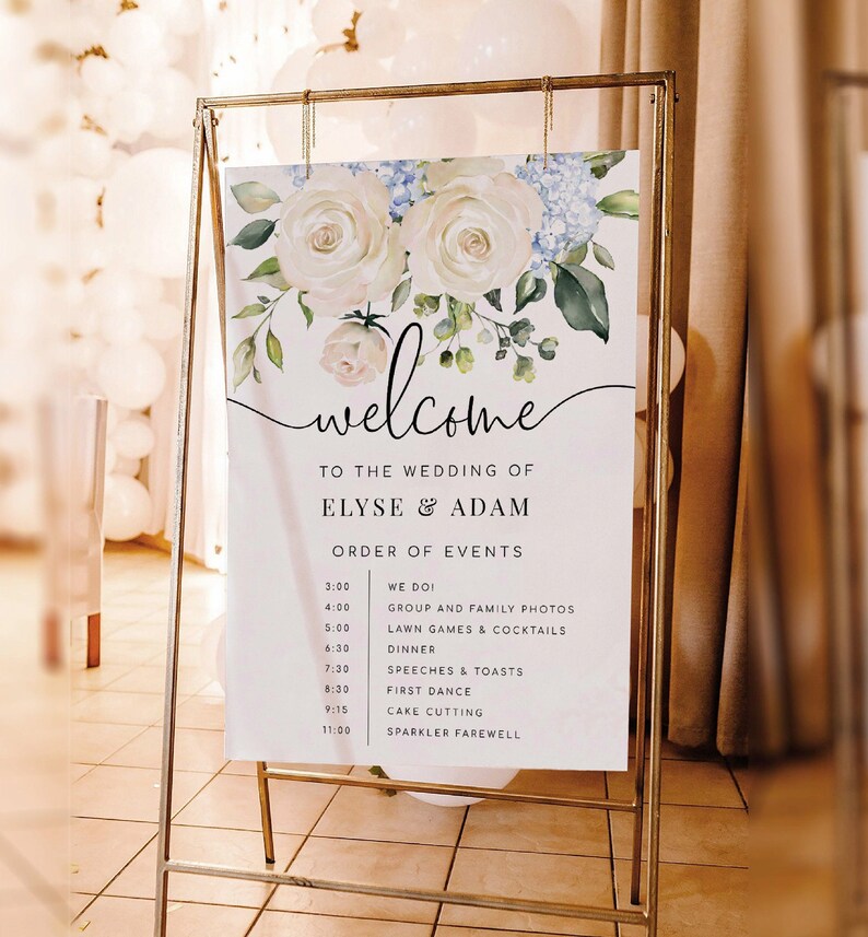Sign Order Reception Printable Order of Events Welcome, White Rose Blue Hydrangea Wedding ...