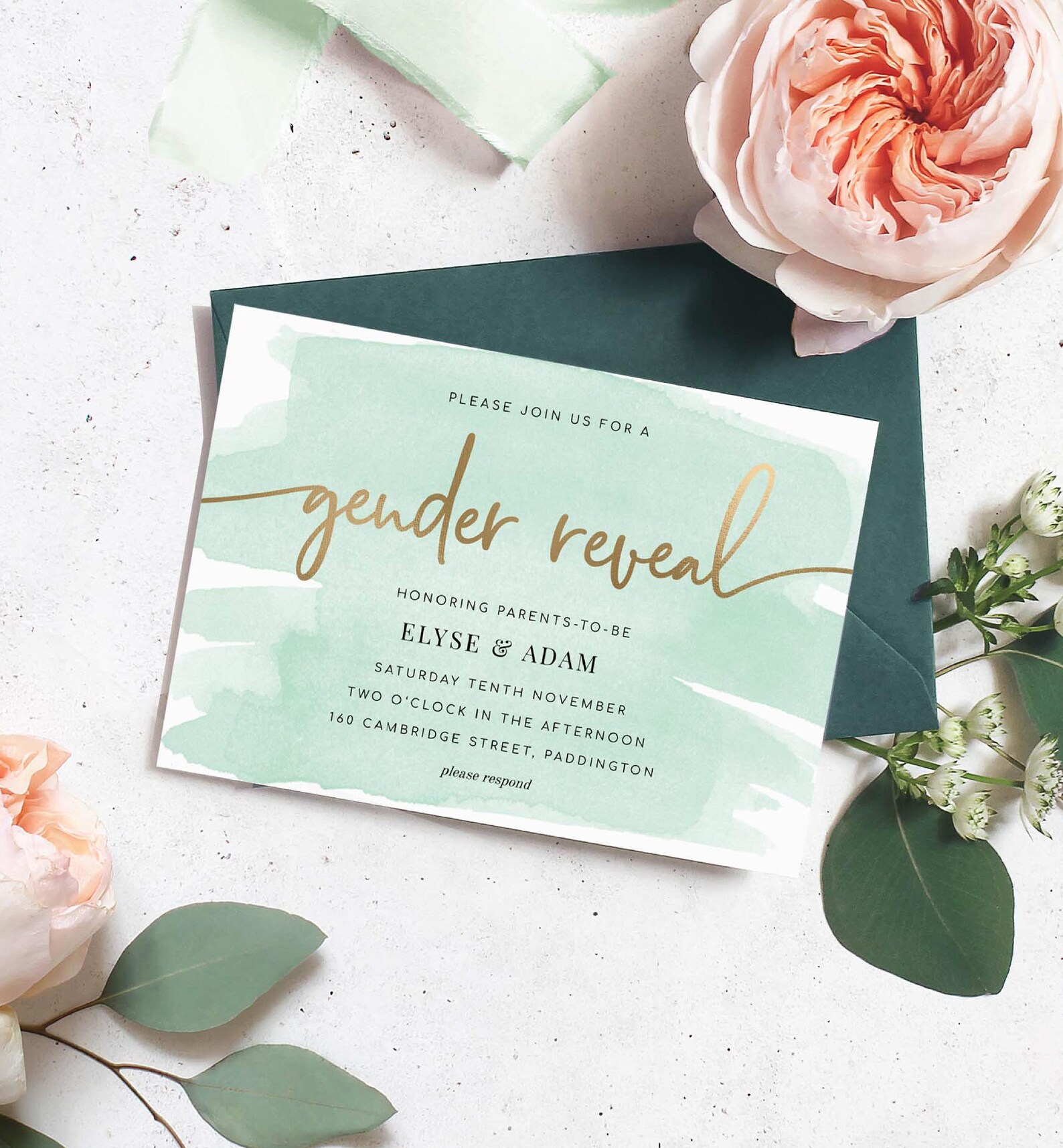 Mint Green Gender Reveal Invitation Template - Gold Foil - Gender ...