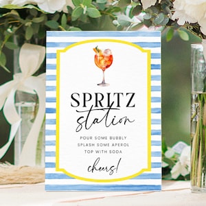 Spritz Station Schild Vorlage, Blau-Weiß-gestreiftes Alkohol Spritz-Cocktailschild, druckbares Hochzeit-Cocktailbarschild, Signature-Drinks-Schild