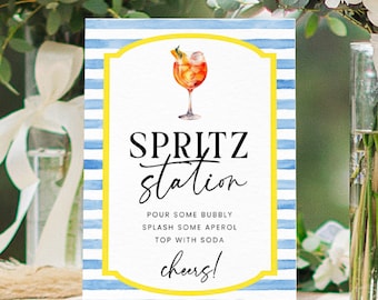 Blue Stripe Spritz Station Sign Template, Printable Cocktail Bar Sign (Digital Download)