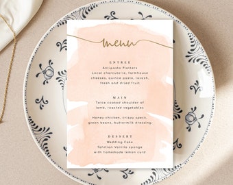 Menú de boda imprimible, acuarela color melocotón dorado (descarga digital)