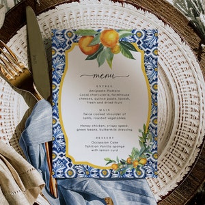 Modelo de menu para impressão, Positano Blue Tile Oranges, Costa Almalfitana italiana, Menu de mesa de casamento, Menu de chá de panela, Menu de chá de bebê