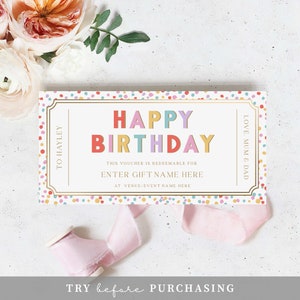 Happy Birthday Custom Gift Voucher Template, Printable Birthday Gift Certificate, Unisex Printable Birthday Gift Coupon, Multi Dot image 4