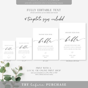 May include: Printable wedding sign template for guests to sign a bible. The sign says "Please sign our bible" and includes space for the couple's names. The sign is available in four sizes: 4x6 inches, 5x7 inches, 8x10 inches, and A4 (21cm x 29.7cm).