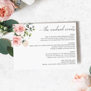 Printable Weekend Itinerary, Blush Floral Editable Wedding Weekend Itinerary, Bachelorette Weekend Itinerary, Bridal Shower Itinerary, Darcy