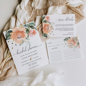Herfst herfst bloemen uitnodiging vrijgezellenfeest, receptenkaart, detailkaart, perzik herfst bloemen, afdrukbare uitnodiging vrijgezellenfeest, Darcy Peach