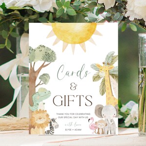Bordsjabloon afdrukbare kaarten en cadeaus, safaridier, afdrukbaar babyshowercadeau jongen, tafelbord, jungledieren, nyala