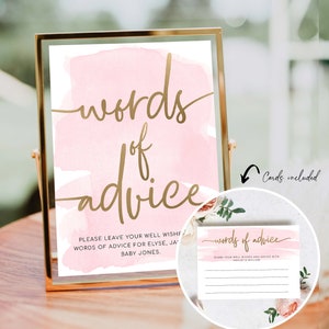 Words of Advice Zeichen und Karte, Rosa Aquarell, Babyparty neue Eltern Rat Karten, druckbare Brautparty Jungvermählten Rat Spiel