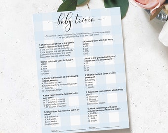 Blue Gingham Baby Trivia Game, Couples Shower (Printable)