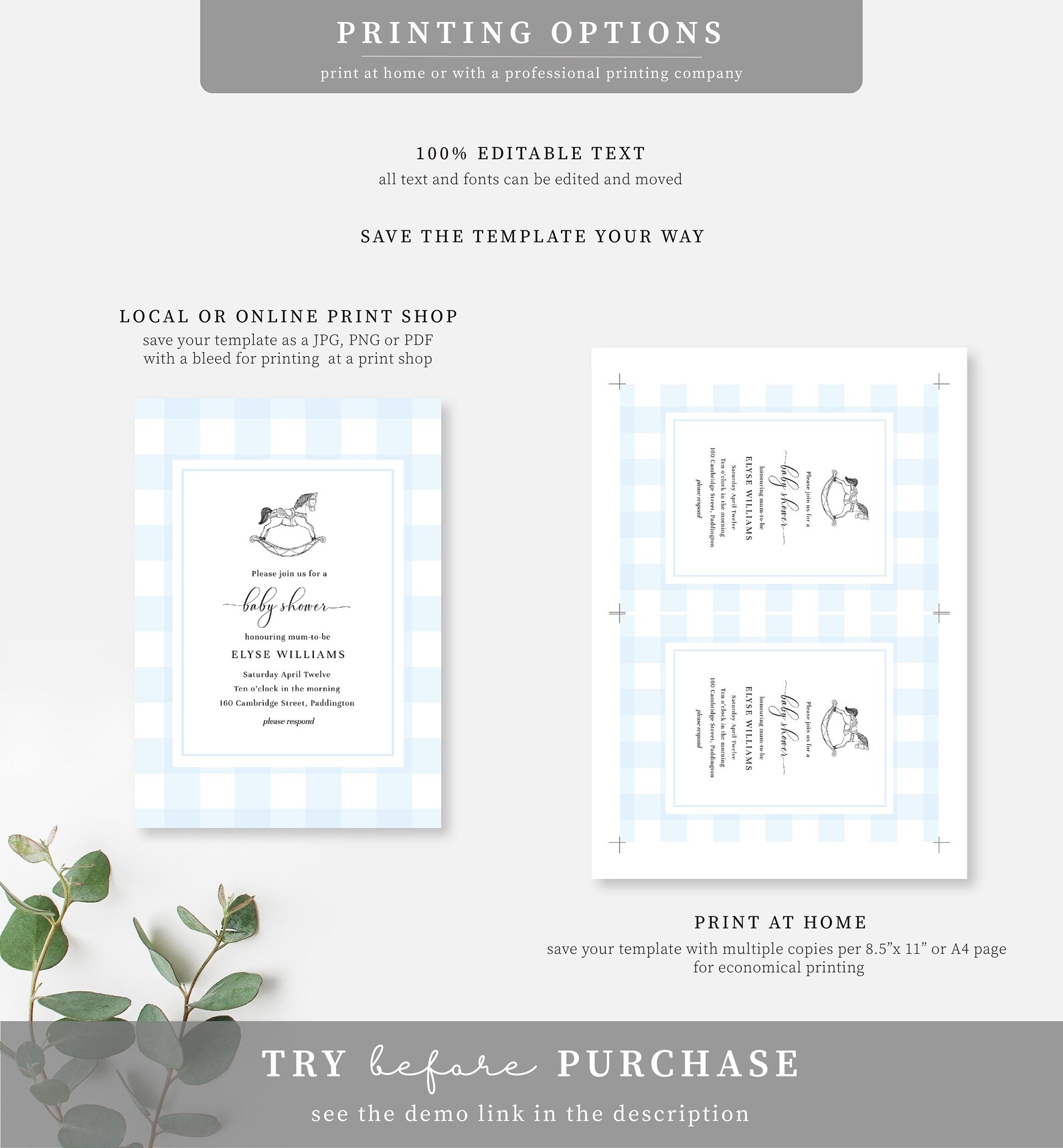 Rocking Horse Boy Baby Shower Blue Gingham Printable Etsy Australia