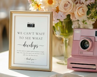 Letrero "No podemos esperar a ver qué sucede", letrero imprimible para cámara desechable para bodas, letrero para libro de visitas Polaroid, letrero "Veo veo" para bodas, Leyton