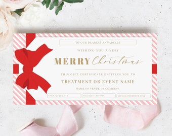 Christmas Gift Voucher Template, Fully Custom Printable Gift Certificate Christmas Present, Pink Red Christmas Gift Coupon, Gift Tag Stripe