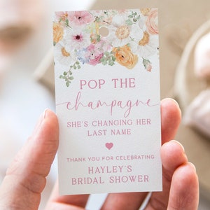 Pop de champagnefles afdrukbaar bedankkaartje, wilde lentebloemen, bruidsdouche verandert haar achternaam bedankkaartje, mini-wijnfles, Millie