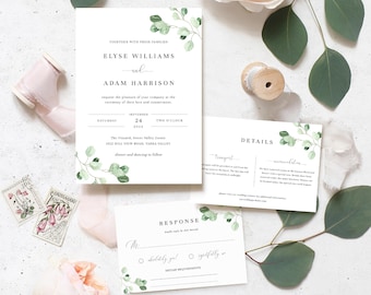 Eucalyptus Greenery Modern Wedding Invitation Suite - Editable Minimalist Wedding Invitation Printable Template - RSVP Details Card - Everly