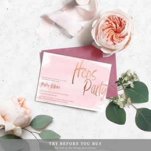May include: A pink and white watercolor background with the text "Hens Party" in gold foil lettering. The text "You're invited for one last fling in honor of bride-to-be Hayley Williams" is printed in black text. The date, time, location, cost, and RSVP information are also included.