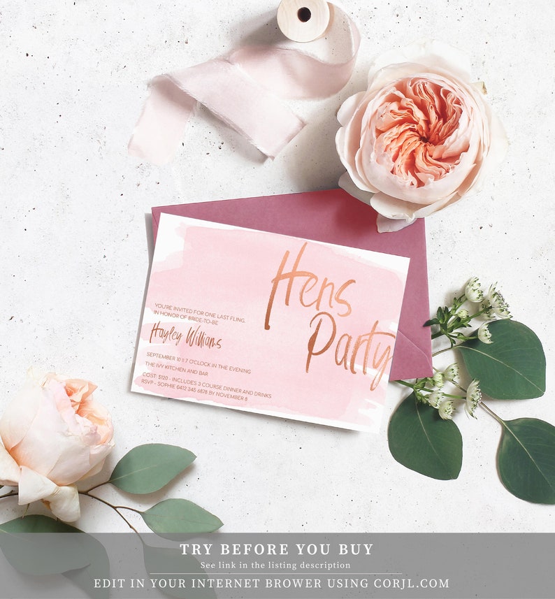 May include: A pink and white watercolor background with the text "Hens Party" in gold foil lettering. The text "You're invited for one last fling in honor of bride-to-be Hayley Williams" is printed in black text. The date, time, location, cost, and RSVP information are also included.