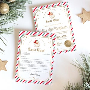 May include: Two Santa Claus Nice List Certificates. The certificates have a red and white striped border with gold accents. The text includes "From the Desk of Santa Claus" and "Nice List Certificate". The certificates are decorated with stars and a Santa Claus illustration.