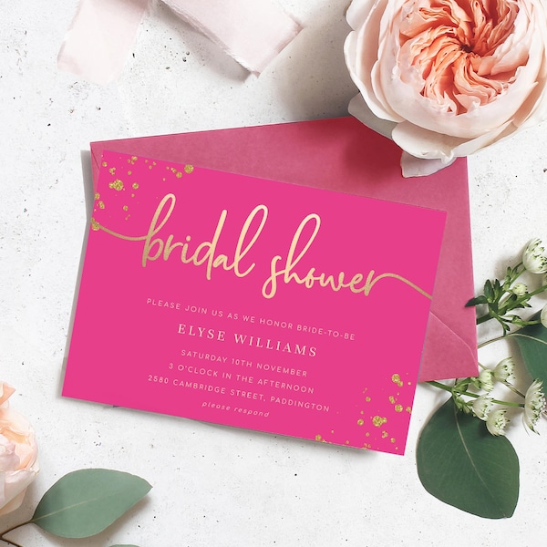 Bridal Shower Invitation - Printable Editable Hot Pink Gold Hens Party Invitation Template - Gold Glitter - Paintly