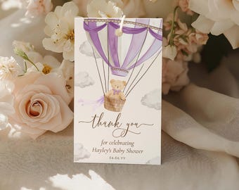 Teddy Bear Baby Shower Favor Tag: Purple Lilac Hot Air Balloon (Printable)