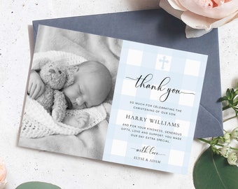 Blue Gingham Baptism Thank You Card Template (Digital Download)