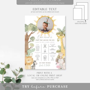 Puede incluir: Un p&oacute;ster de primer cumplea&ntilde;os imprimible con tem&aacute;tica de la jungla. El p&oacute;ster presenta una foto de un ni&ntilde;o con un gorro de fiesta, rodeado de animales de la jungla, e incluye detalles como el nombre del ni&ntilde;o, la edad, el peso, la altura y las primeras palabras. El p&oacute;ster est&aacute; dise&ntilde;ado en un estilo acuarela con un sol amarillo brillante.