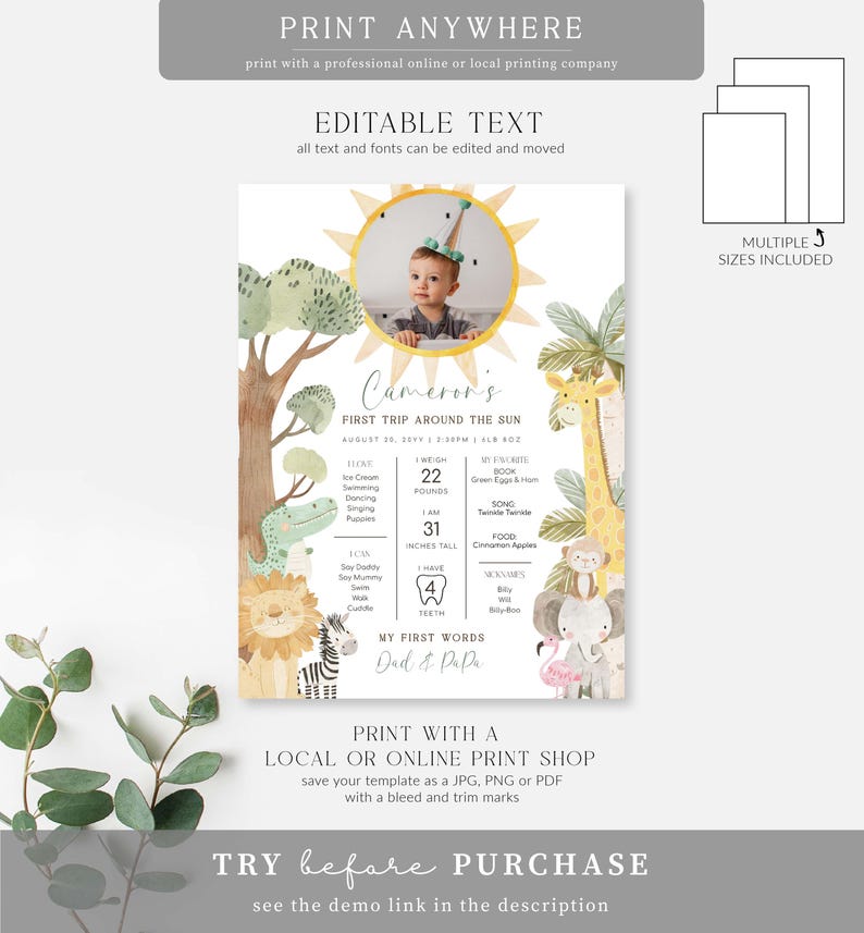 Puede incluir: Un p&oacute;ster de primer cumplea&ntilde;os imprimible con tem&aacute;tica de la jungla. El p&oacute;ster presenta una foto de un ni&ntilde;o con un gorro de fiesta, rodeado de animales de la jungla, e incluye detalles como el nombre del ni&ntilde;o, la edad, el peso, la altura y las primeras palabras. El p&oacute;ster est&aacute; dise&ntilde;ado en un estilo acuarela con un sol amarillo brillante.